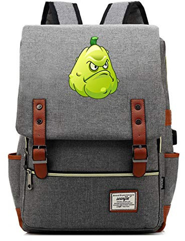 WANHONGYUE Game Plants vs. Zombies College Student Schoolbag Vintage Rucksack 15.6-inch Laptop Backpack with USB Charging Port Light Grey / 4
