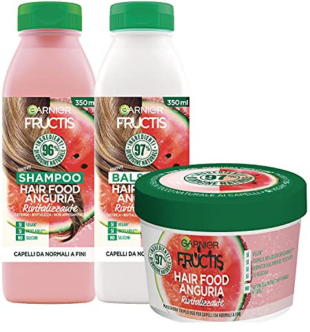 Garnier Fructis Haarpflege-Set Hair Food Shampoo Wassermelonen 350ml + Conditioner 350ml + 3in1 Maske 390ml Revitalisierend Für Normales Bis Feines Haar Natürliche Formel Vegan Ohne Silikone - 3er Set