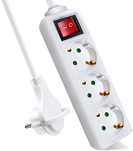 EXTRASTAR Steckdosenleiste 3-Fach, Flachstecker Mehrfachsteckdose mit Save Energy-Schalter, Flacher Stecker mit 3m Kabel, IP20, 16A, 3680W, Weiβ