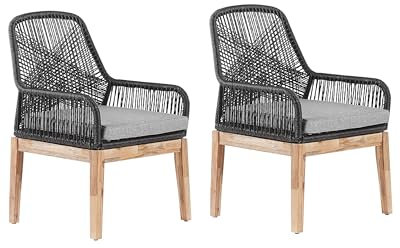 Beliani Gartenstuhl 2er Set Flechtseil schwarz mit Holzbeinen und Auflagen Boho Olbia