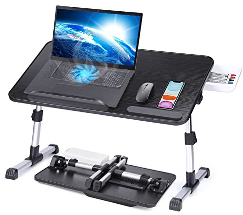 Slendor Laptop Desk Adjustable Laptop Stand Foldable Bed Table Portable Lap Desk Folding Notebook Stand Reading and Writing Holder Breakfast Tray with Drawer and Cooling Fan for Bed Couch Sofa Floor