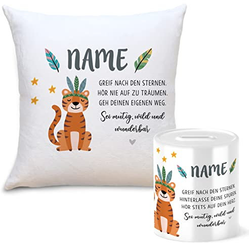 OWLBOOK Boho Tiger Geschenkset Kinder Spardose und Kissen Personalisiert mit Namen Geschenke Geschenkideen für Kinder Baby Junge Mädchen zum GeburtstagWeihnachten Einschulung Taufe Geburt Sparschwein
