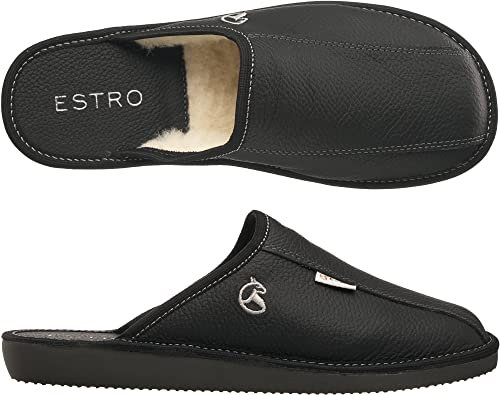 ESTRO Mens Slippers Men House Shoes Leather Home Mule Men's Slipper Memory Sole Frost (9 UK, Onyx Wool)