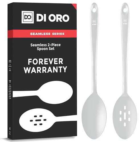 DI ORO 2-Piece Silicone Cooking Spoons - Large Heat-Resistant Non-Stick Slotted & Solid Spoons - BPA Free & LFGB Certified Silicone & Stainless Steel - Dishwasher Safe (Stone)
