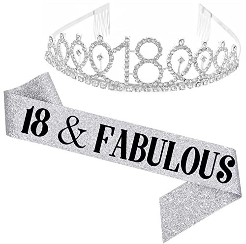 REYOK Silber Schärpe und Diadem zum 18. Geburtstag, Silver 18 Kristalle Strass-Krone, Stirnband als Geschenk, Geburtstagsfeier, Mädchen, Frauen, Dekoration