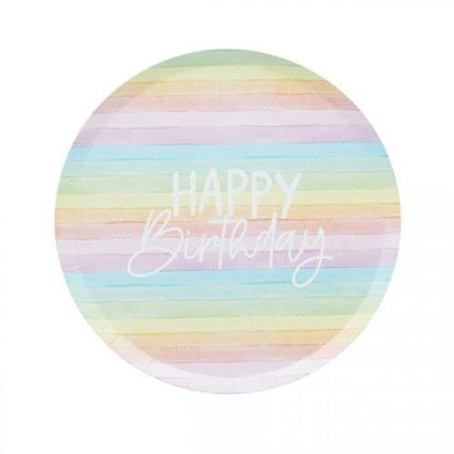 Lot de 8 assiettes en carton « Happy Birthday » - 23 cm - Couleurs arc-en-ciel pastel - Recyclables et respectueuses de