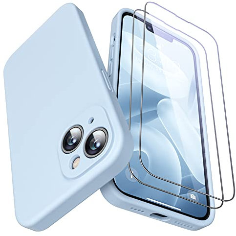GOODVISH 3 in 1 Designed for iPhone 14 Plus (6.7) Liquid Silicone Case 2022, with 2 Pack Screen Protector, Shookproof, Anti-Scratch Gel Rubber Slim Phone Cover [360° Full Protection], Blue Grey