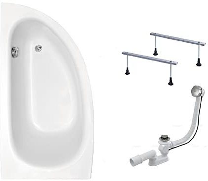 Baignoire d'angle originale Milena - En acrylique - Blanc - 150 x 70 cm - Avec pieds et bonde automatique exclusive - Fabriqué en UE - 3 en 1