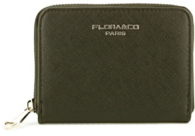 flora & co - Portefeuille Femme Petit Format - Porte-Monnaie Carte Tout-en-Un Court - Similicuir Grainé Zippé - Chic Pratique Léger - Vert Kaki