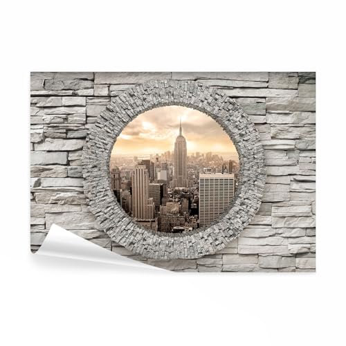 decomonkey - Papier Peint Panoramique Adhésif New York 196x140 cm - Stickers Muraux Autocollant - Beige vert marron gris - Architecture pierre ville urbain new york fond vue depuis la fenêtre