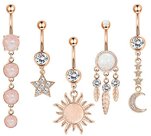 Kakonia 14G Bauchnabelpiercing Chirurgenstahl für Damen Piercing Bauchnabel Opal Sonne Mond Stern Bauchnabelpiercing Ring Roségold Hängend Bauchnabelpiercing 10mm Stablänge