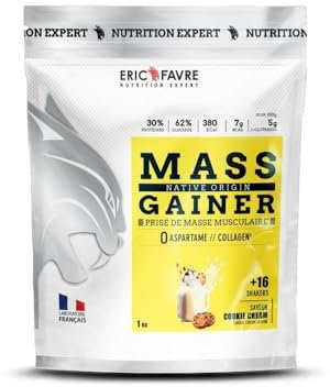 MASS GAINER +61% Glucides bi-sources, 30% Protéines, Prise de Masse Rapide, Gain de poids et Masse Musculaire - Eric Favre - Cookies 1 kg