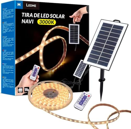 M Ledme - Tira LED Solar exterior jardin 5 metros con control remoto, IP68 sumergible, 300 LED, luz LED Blanco cálido, con kit de instalacion para placa solar, para jardín, hogar, decorativa