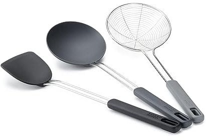 Joseph Joseph Nest Fusion Ensemble d'ustensiles de Cuisine pour Wok 3 pièces en Acier Inox et Silicone Résistant à, Spatule, Cuillère et Écumoire, sans BPA, Accessoires de Cuisine Antiadhésifs
