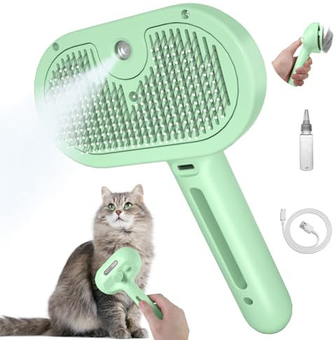LilyAbeille Spazzola a Vapore per Gatti e Cani Spazzola con Serbatoio Acqua Spazzola Spruzzo Antistatico per Gatto, Spazzola Peli per Cani/Gatti/Conigli a Pelo Corto e Lungo, Verde