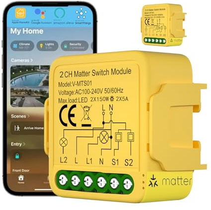 2 Pack Matter Smart Switch Module DIY Light Relay Switch, Works with HomeKit, Siri, Alexa, Google Home, SmartThings, Matter Light Switch Smart Home Automation with Remote Control (2 Gang, 2)