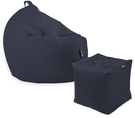 BuBiBag Premium 2-in-1 Sitzsack mit Füllung | für Kinder & Erwachsene | Outdoor & Indoor | Sitzkissen | Bodenkissen | Wasser- & schmutzabweisend + Sitzpouf 35x35x35cm (Dunkelblau, 145 cm + Sitzspouf)