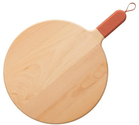ZiiPa • Beech Pizza Board • Sora • Serving and Cutting Accessories • Coloured Handle • Diameter of 31 cm (Terracotta)