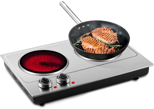 CUSIMAX Infrarot kochplatten 2er elektrisch, Glaskeramik herdplatte 2 kochfelder mit thermostat für Überhitzungsschutz, doppelkochplatte ideal zum Kochen, camping kochplatte Edelstahl Silber