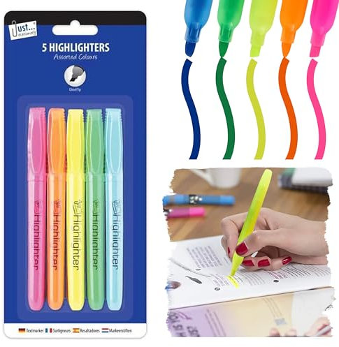 5Pk Bright Color Chisel Tip Highlighters, Quick Dry Ink Highlighters Pens Multipack, Extra Fine Colour Pens for Drawing Colouring Office School Stationery