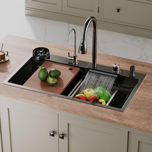 Sirhona - Fregadero de cocina multifuncional cascada, fregadero de cocina de acero inoxidable Nano negro con grifo de pescado volante retráctil, funcionamiento silencioso (80x45 cm)