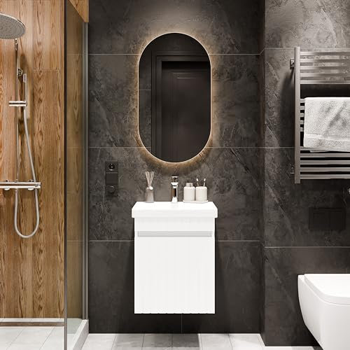 Planetmöbel Cosmia Badmöbel Set Waschbecken mit Unterschrank 50 x 60 x 35 cm Weiß, Spiegel mit Beleuchtung 50 cm, Armatur Badezimmer Chrom, Keramik Waschtisch mit Schublade