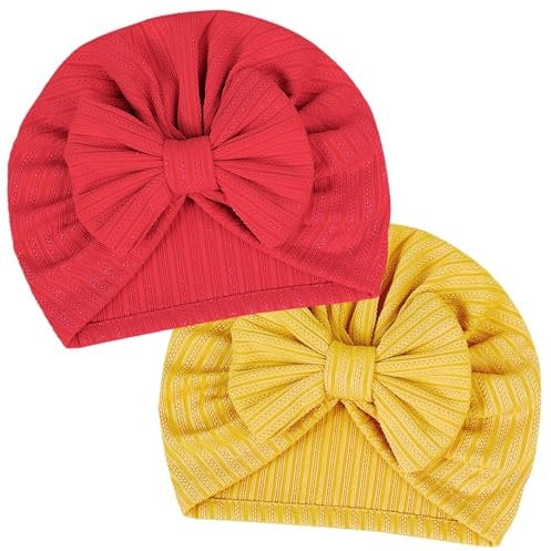 LECTNORE 2 Stück Neugeborenen-Babymütze, weiche, Dehnbare Baby-Turban-Mütze, Säuglings-Mädchen-Jungen-Mütze, Kindergarten-Krankenhaus-Mütze für Neugeborene, Kleinkinder (rot/gelb)