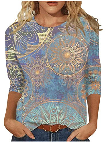 Elegante Damen Bluse, 3/4 Arm Shirt Mit Rundhalsausschnitt, Lose Tops Casual Solid Floral Printed T-Shirts, Trendy Boho Tunika Sommer Top, Blau, XL