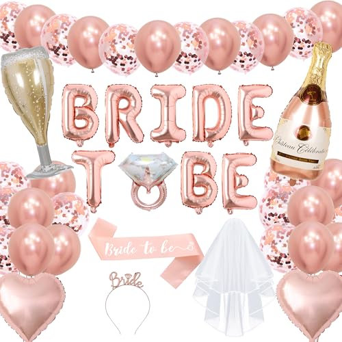 Xietaea Bride to Be Party Dekorations - 36 Stück Roségold JGA Frauen Accessoires mit Bride to Be Folienballon Girlande, Schärpe und Schleier, Luftballons, Junggesellinnenabschied Deko