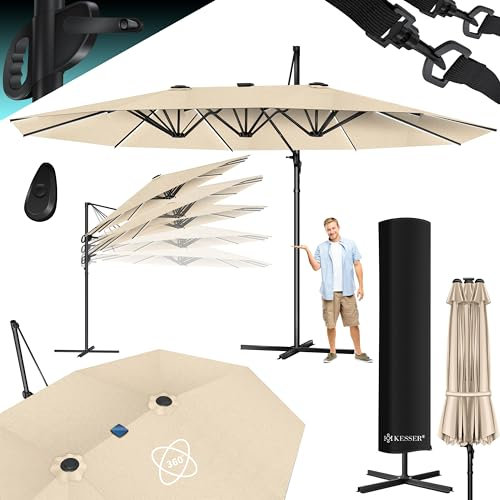 KESSER® Sombrilla, 4,6m x 2,7m Sombrilla - Cubierta y Protección Contra el Viento, Con Manivela y Soporte, Aluminio, Hidrófuga, Inclinable - Inclinable, Orientable 360°, Beige - Con LED