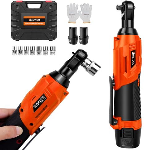 EFAN 3/8 Cordless Ratchet Wrench Kit, 12V Electric Ratchet Wrench Set with 2-Packs Batteries, 7 Sockets, 90 Degree Power Wrench Tool for Precise Tightening and Loosening, Orange