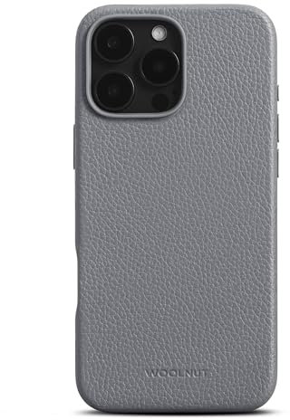 WOOLNUT Leather Case for iPhone 16 Pro Max - Grey - Scandinavian Full-Grain Leather, Compatible with MagSafe, Slim TPU Sides, Soft Microfiber Lining, Raised Edges for Screen & Camera Protection
