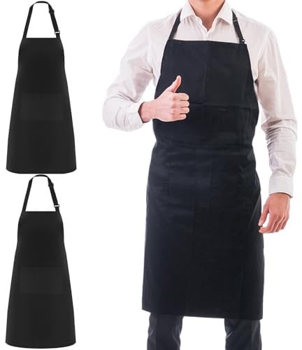 Zanfqvo 2 Piezas Chef Delantal, Negro Delantal Impermeable con 2 Bolsillos, Delantal de Barbacoa con Correas Largas, Delantal de Cocina Ajustables para Barbacoa Cocinar Hornear Jardinería
