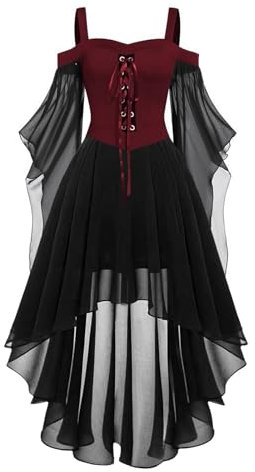 Robes de cocktail pour femmes, grande taille, mode style gothique, robe mi-longue vintage Croset, manches longues évasées, longueur Halloween Enfants Super-héros Costume Cosplay Costume Zentai
