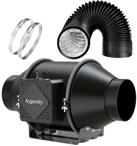 Aygrochy 100mm Regelbar Rohrventilator mit Abluftschlauch, Drehstrom EC motor Abluftventilator für Heizung, Kühlung, Booster, Wachstumszelte, Hydrokulturen, Heimgebrauch, Belüftung und Abluftgebläse.