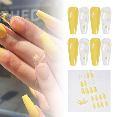 Long Ballerina Yellow Nail Stickers Instant Nails For Stylish Manicure ! 1ml Uij169 (Yellow, 3.1cm)