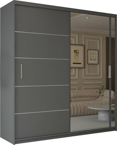 Quebec Modern Bedroom Closet with Single Sliding Mirror Door, Double Door Wardrobe with Large Capacity and Easy Assembly, Space Saving Wardrobe for Bedroom Furniture (Grey, 180cm)