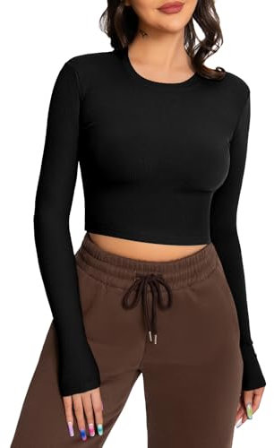 EBANKU Womens Long Sleeve Crop Tops Crewneck Ribbed T-Shirt Slim Fit Casual Basic Tops Black