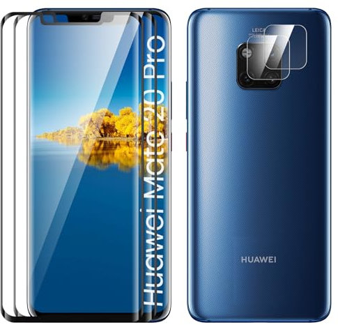 TECHO Displayschutzfolie für Huawei Mate 20 Pro, [2 + 2 Stück] Displayschutzfolie aus gehärtetem Glas, kratzfest, hüllenfreundlich, bruchsicher, HD klar, blasenfrei, Härtegrad 9H