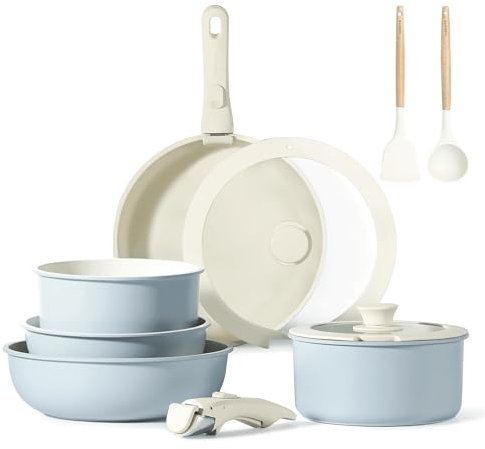 CAROTE Pots and Pans Set, Nonstick Cookware Set Detachable Handle, 11pcs Induction Kitchen Cookware Sets Non Stick with Removable Handle, RV Cookware Set, Oven Safe, Baby Blue
