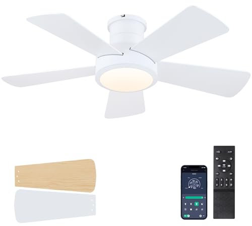 Surtime Ventilador de techo con luz,101.59CM Ventilador de techo blanco moderno con luz y control remoto/APP con motor DC reversible para dormitorio
