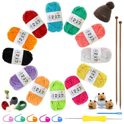 21 Pcs Knitting Kit for Beginners, 12 Colours Hand Knitting Yarns & 2 Bamboo Knitting Needles, Easy Knitting Set Knitting Starter Kit for Adults Children, Dishcloths Craft Kits for Handcrafts Arts