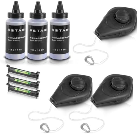 STAHLWERK 3 x Schlagschnur Set 15 m bestehend aus Markierungsschnur/Maurerschnur/Schlagschnurgerät mit schlagfestem Gehäuse, Wasserwaage und 113 g Schlagschnurkreide