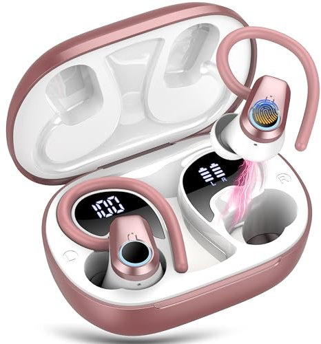 Wireless Earbuds, Bluetooth 5.3 Headphones with 4 ENC Noise Canceling Mic, 50H Stereo Dual LED Display Ear Buds, Sport Bluetooth Earphones with Earhooks, IP7 Waterproof Wireless Headphones, Rose Gold