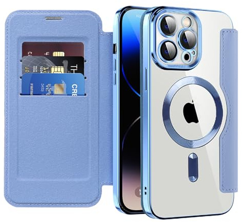 IMEIKONST for iPhone 14 Pro Case Flip Wallet Cover, Light Blue JDCX | RFID Blocking Card Holder, Camera Lens Protection, Magnetic Transparent TPU Back, Compatible with MagSafe, PU Leather