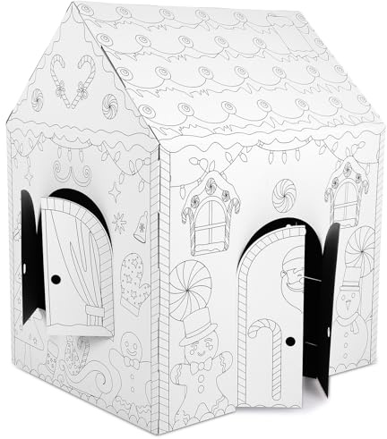 AmazingSpark Christmas DIY Cardboard Gingerbread House Kit Unfinished Coloring Gingerbread Playhouse Cardboard Fort for Kids Christmas Arts & Crafts Activity Indoor Outdoor, 32 x 26.5 x 40.5 Inch