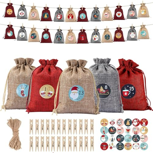 Kvaznix 24 Stück Adventskalender zum Befüllen 2025, 13x18cm Adventskalender zum Selber Befüllen DIY Weihnachtskalender Beutel Stoff für Kinder Mädchen