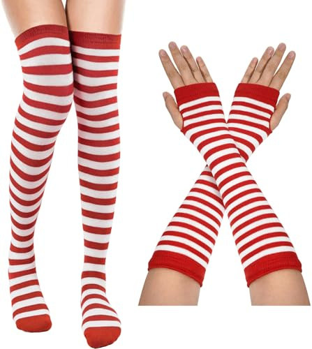 MESU Women Striped Thigh High Socks and Fingerless Gloves Set | for Cosplay Costumen