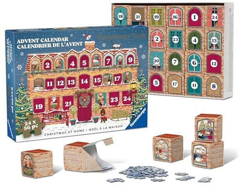 Ravensburger Puzzle-Adventskalender Christmas at Home 12002014 – 24 Weihnachtspuzzles mit je 56 Teilen, alle 24 Motive können nach Belieben aneinander gepuzzelt werden, für Puzzlefans ab 12 Jahren