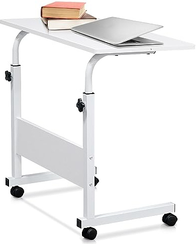 Karl home Mobile Side Table Small Computer Desk, 80×40cm White | Rolling Wheels, Height Adjustable Portable Laptop Cart, C-Shaped Bed Couch End Tables